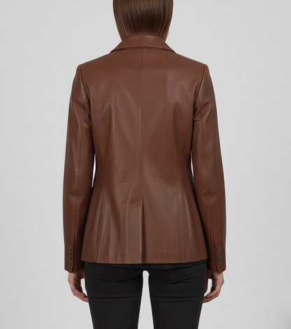 Womens Brown Party Wear Leather Coat - Back Look