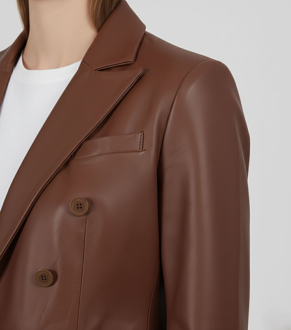 Womens Brown Party Wear Leather Coat - Collar Detail