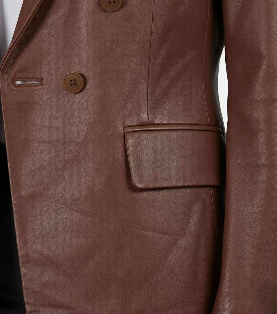 Womens Brown Party Wear Leather  Coat - Detail View