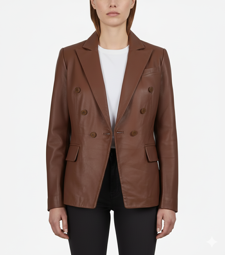 Womens Brown Party Wear Leather Coat - Front View