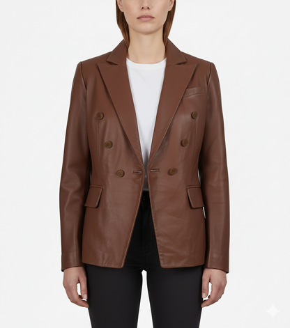 Womens Brown Party Wear Leather Coat - Front View