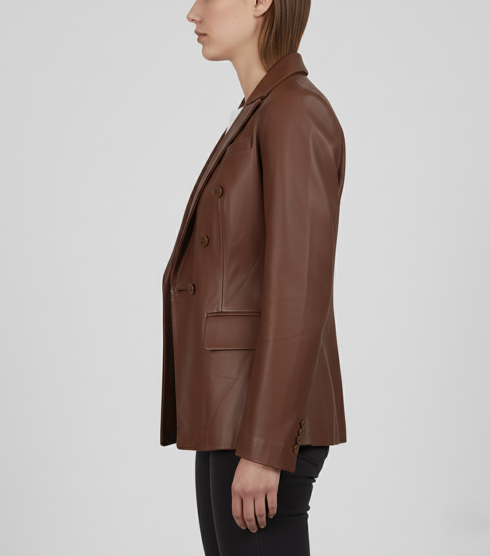 Womens Brown Party Wear Leather Coat - Left View