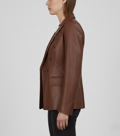 Womens Brown Party Wear Leather Coat - Left View