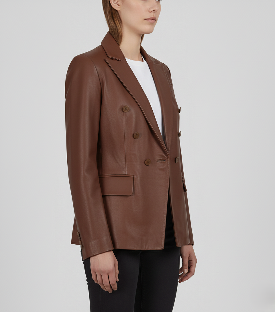 Womens Brown Party Wear Leather Coat - Side View