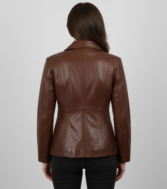 Womens Brown 3 Button Leather Coat - Back View