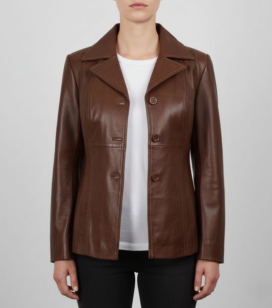 Womens Brown 3 Button Leather Coat - Front View