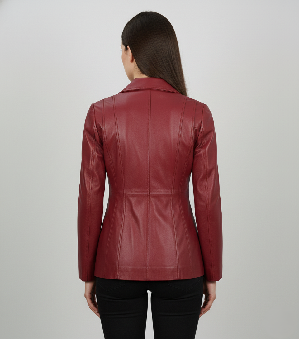 Womens Burgundy Leather Blazer - Back Detail