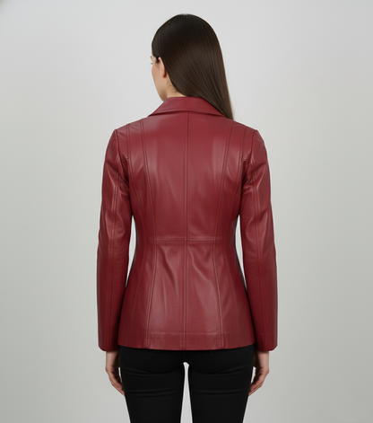 Womens Burgundy Leather Blazer - Back Detail