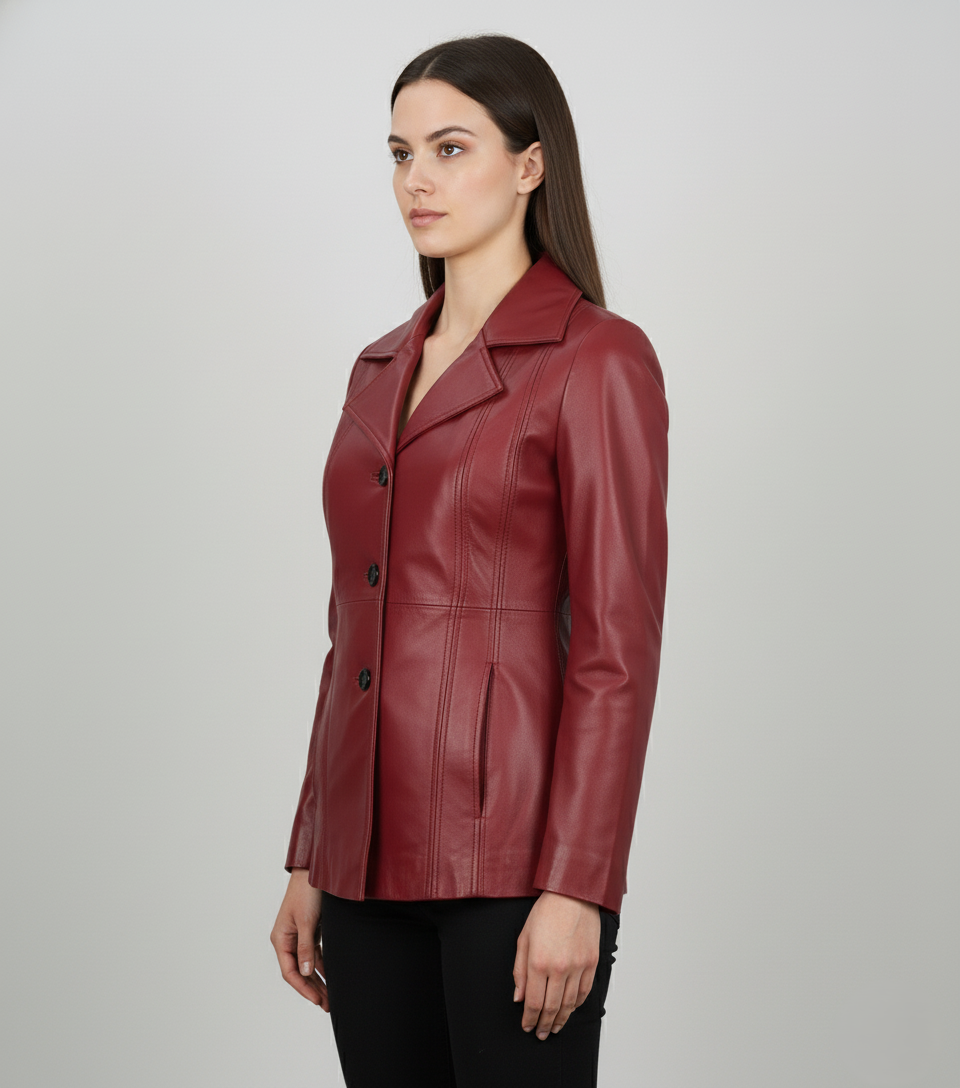 Womens Burgundy Leather Blazer - Detail View