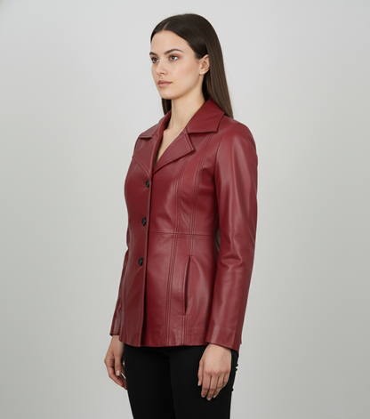 Womens Burgundy Leather Blazer - Detail View