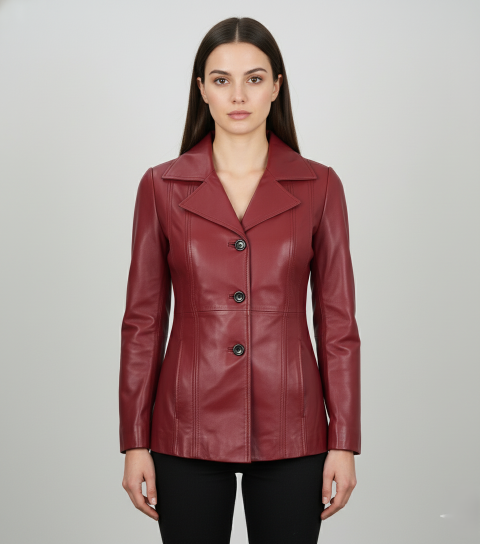 Womens Burgundy Leather Blazer - Front View