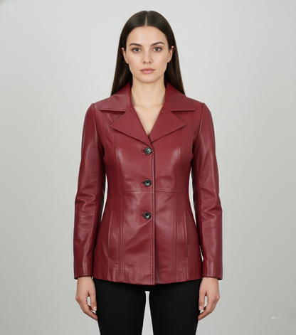 Womens Burgundy Leather Blazer - Front View