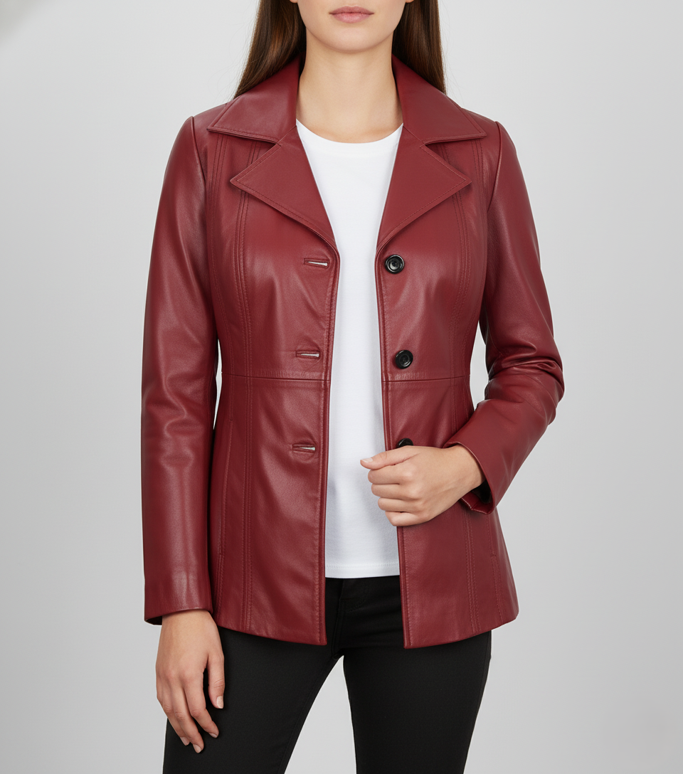 Womens Burgundy Leather Blazer - Full Look