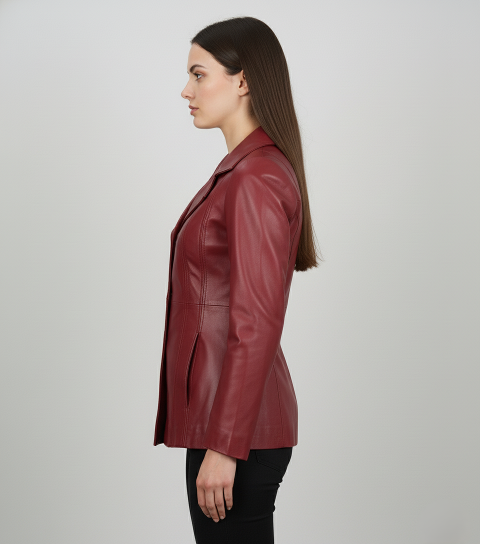 Womens Burgundy Leather Blazer - Side View