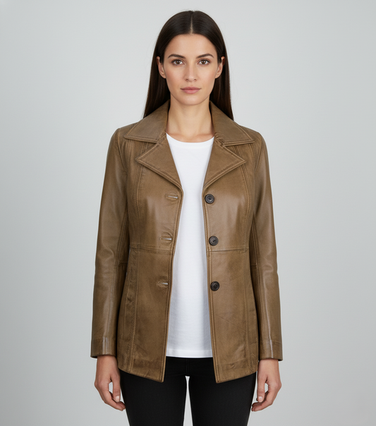 Womens Camel Brown Waxed Leather Blazer - Front View