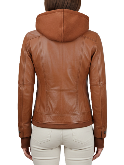 Womens Cognac Brown Hooded Leather Jacket - Back View