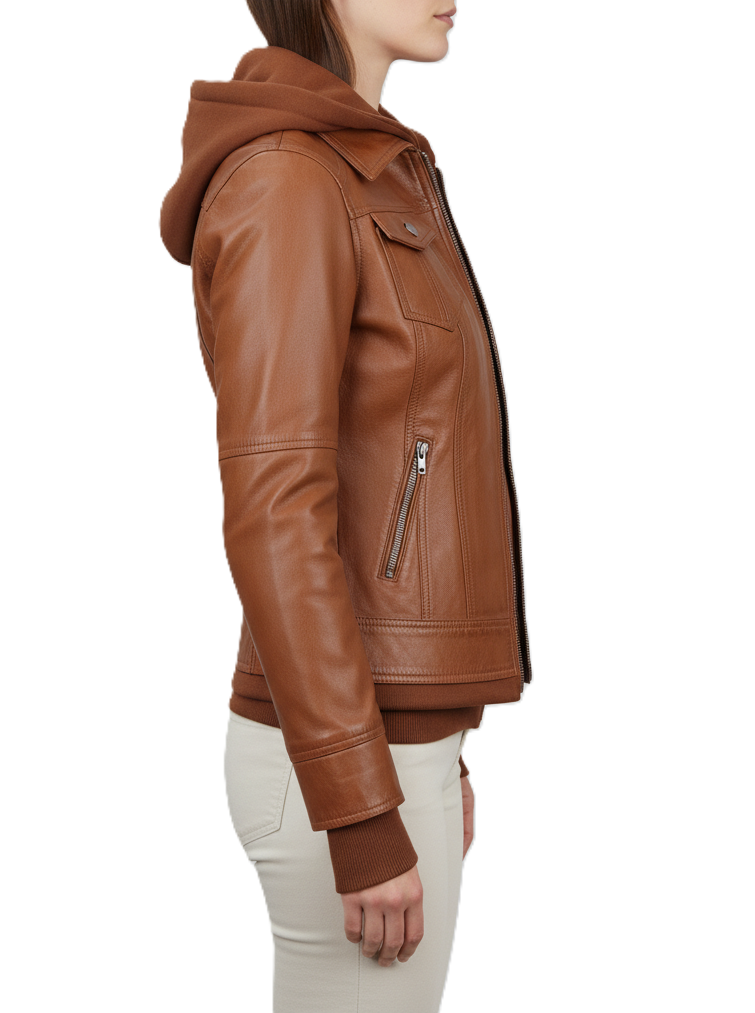 Womens Cognac Brown Hooded Leather Jacket - Detail View