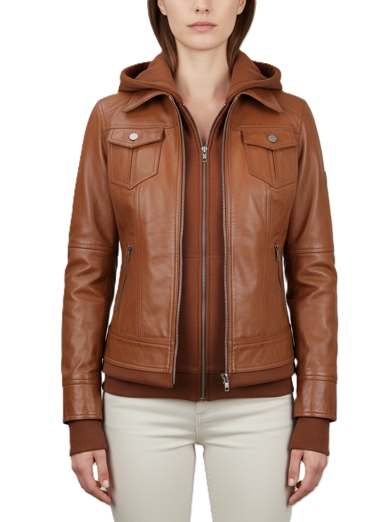Womens Cognac Brown Hooded Leather Jacket - Front View