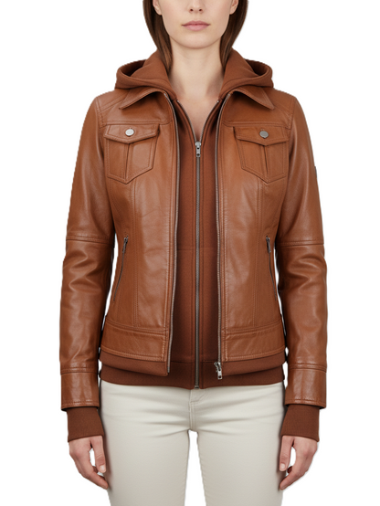 Womens Cognac Brown Hooded Leather Jacket - Front View