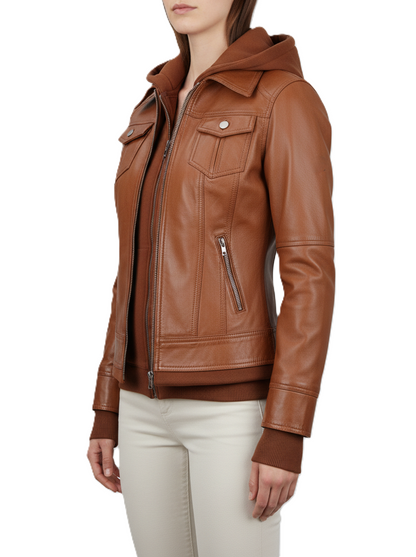 Womens Cognac Brown Hooded Leather Jacket - Hood Detail