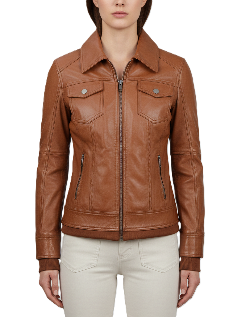 Womens Cognac Brown Hooded Leather Jacket - Side View