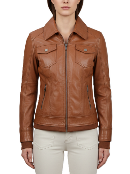 Womens Cognac Brown Hooded Leather Jacket - Side View