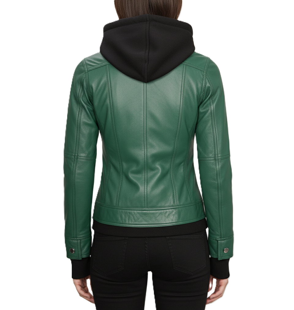 Womens Green Hooded Leather Jacket - Back View