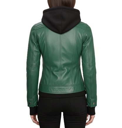 Womens Green Hooded Leather Jacket - Back View