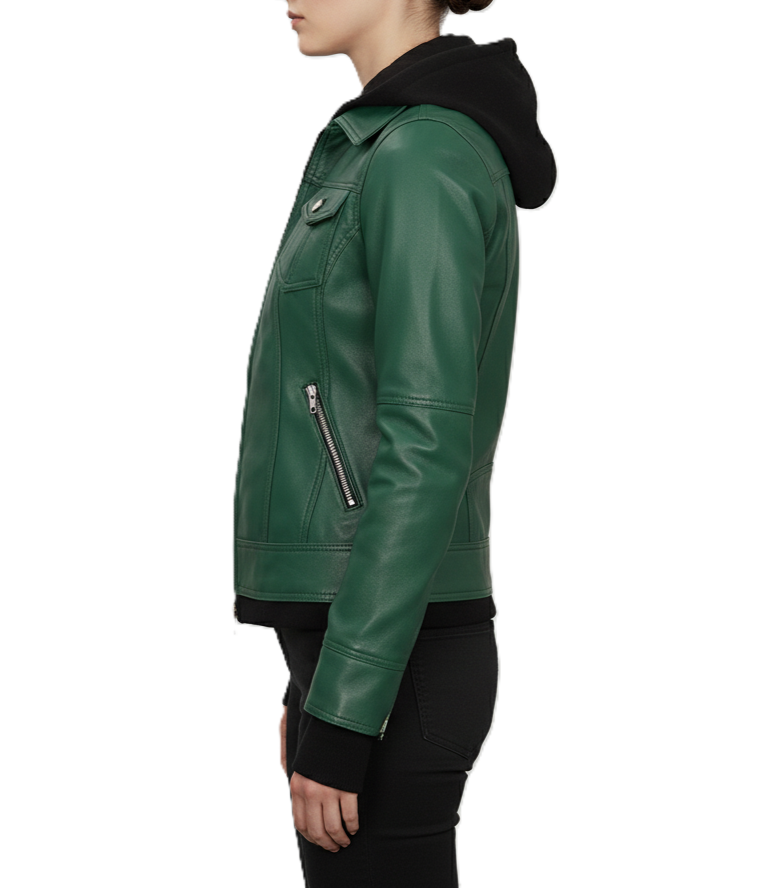 Womens Green Hooded Leather Jacket - Detail View