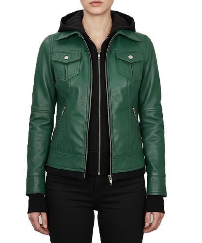 Womens Green Hooded Leather Jacket - Front View