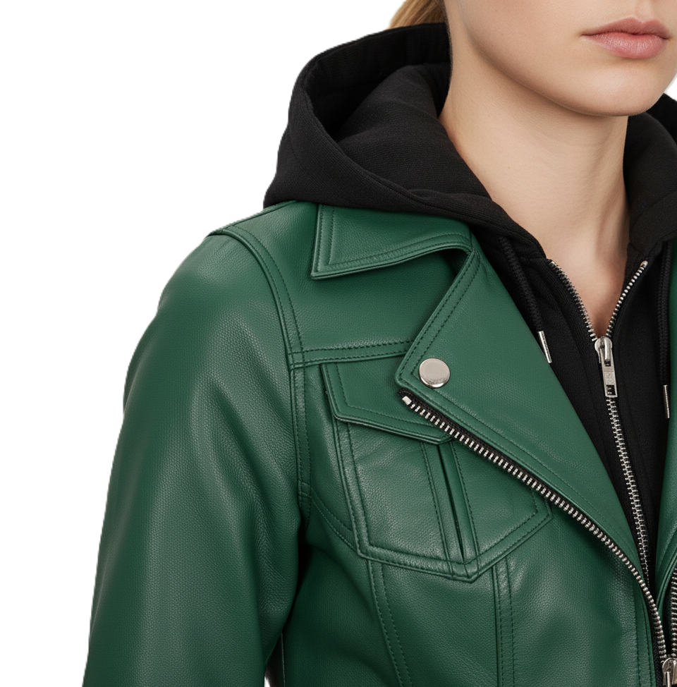 Womens Green Hooded Leather Jacket - Full Look