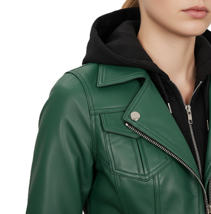 Womens Green Hooded Leather Jacket - Full Look