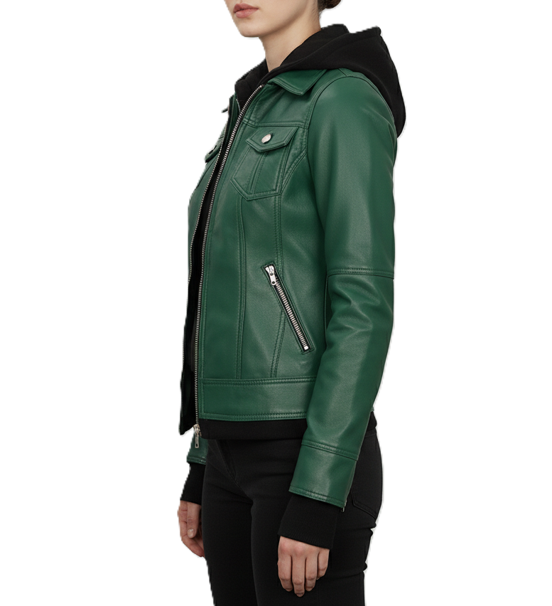 Womens Green Hooded Leather Jacket - Hood Detail