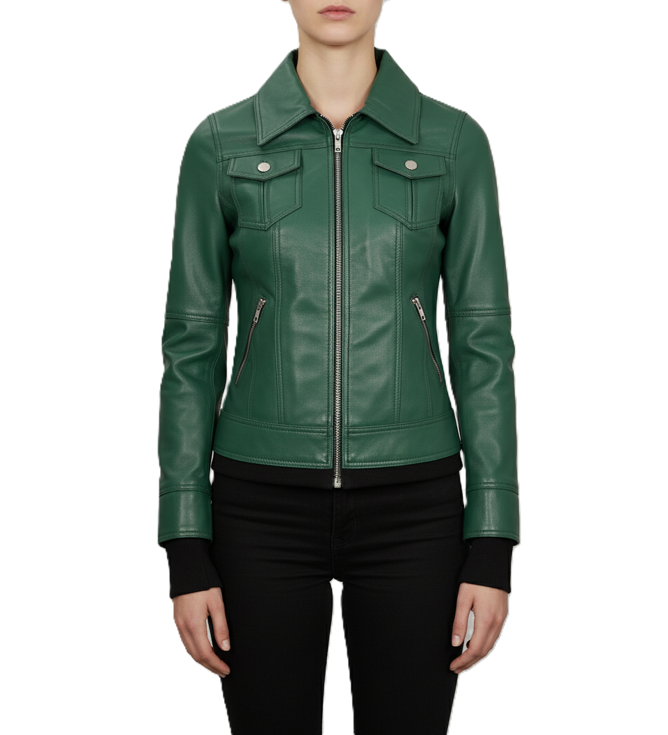 Womens Green Hooded Leather Jacket - Side View