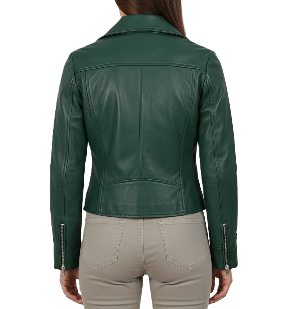 Womens Green Leather Biker Jacket - Back View