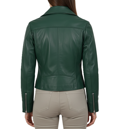 Womens Green Leather Biker Jacket - Back View