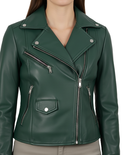 Womens Green Leather Biker Jacket - Collar Detail