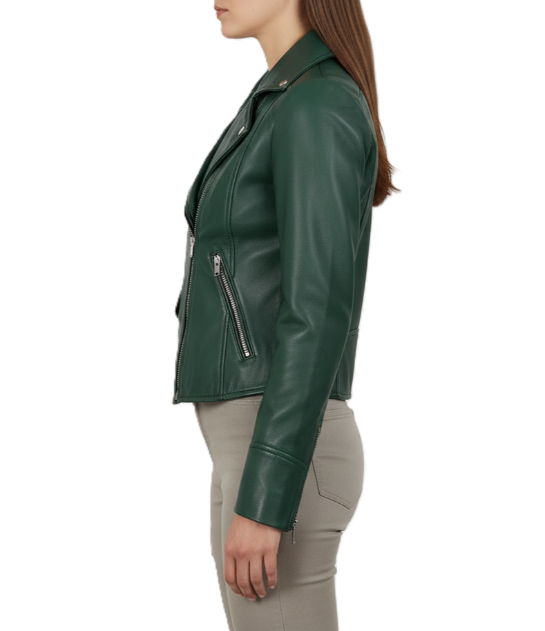 Womens Green Leather Biker Jacket - Detail View