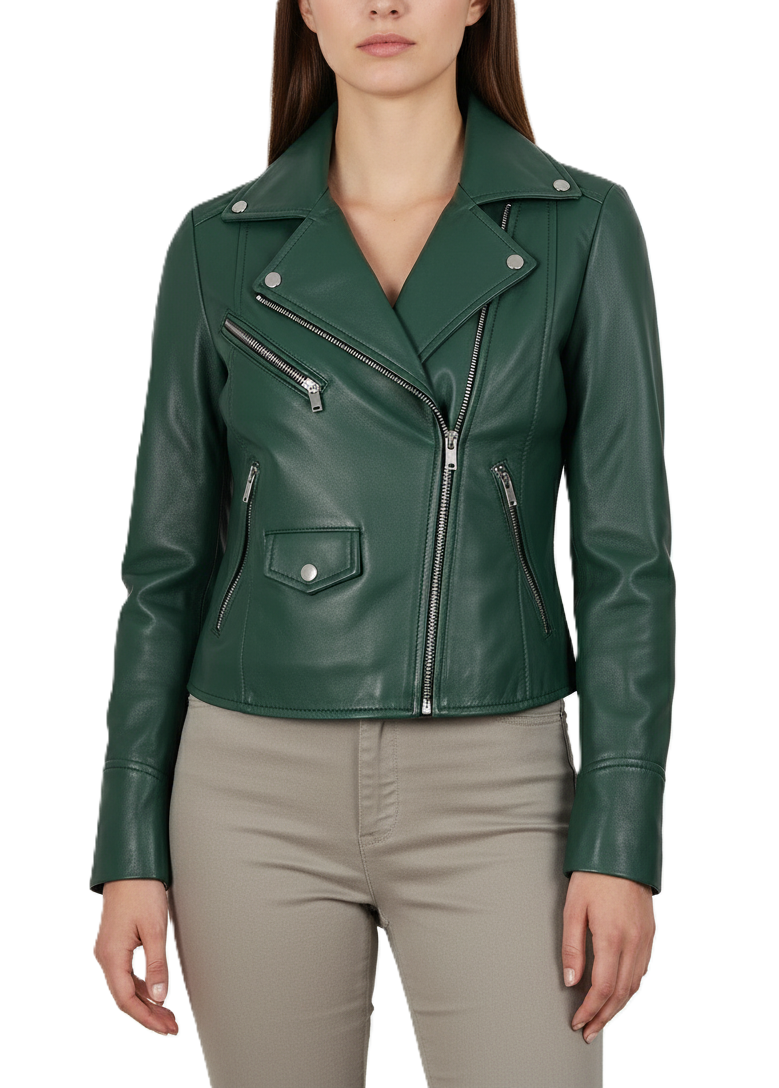 Womens Green Leather Biker Jacket - Front View