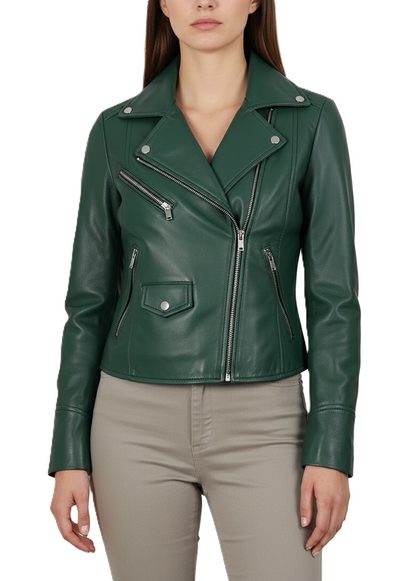 Womens Green Leather Biker Jacket - Front View