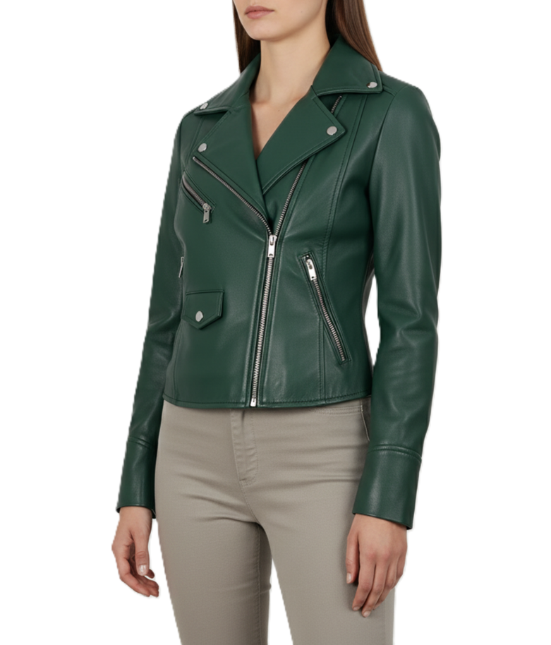 Womens Green Leather Biker Jacket - Side View