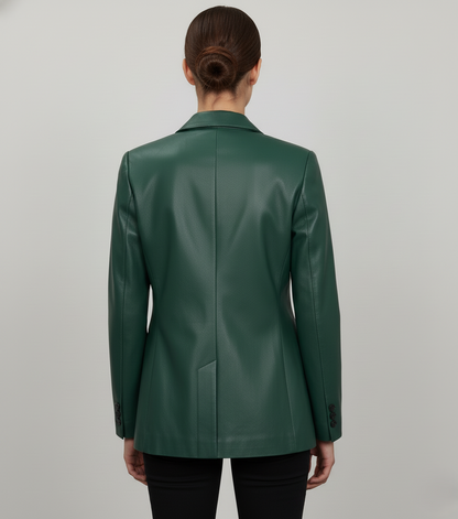 Womens Green Leather Blazer - Back View