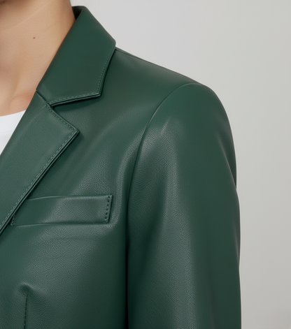 Womens Green Leather Blazer - Collar Detail