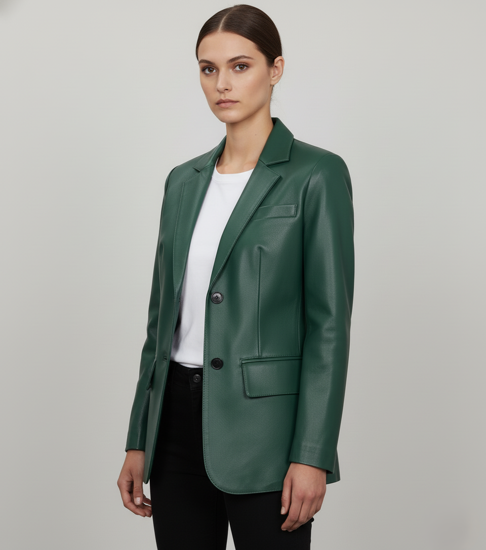 Womens Green Leather Blazer - Detail View