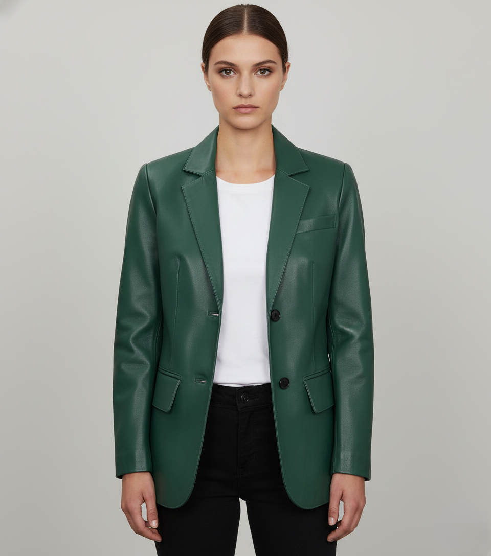 Womens Green Leather Blazer - Front View