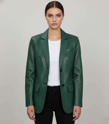 Womens Green Leather Blazer - Front View