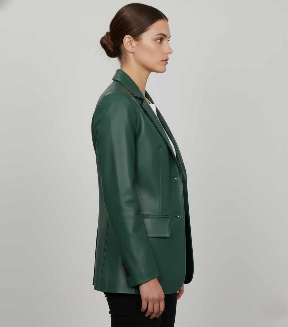 Womens Green Leather Blazer - Side View