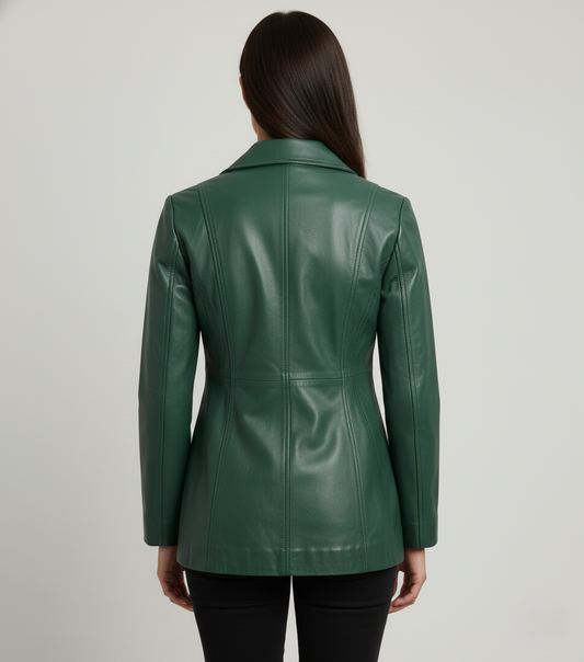Womens Green Three Button Leather Coat - Back View
