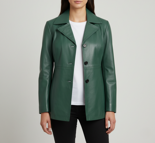 Womens Green Three Button Leather Coat - Front View