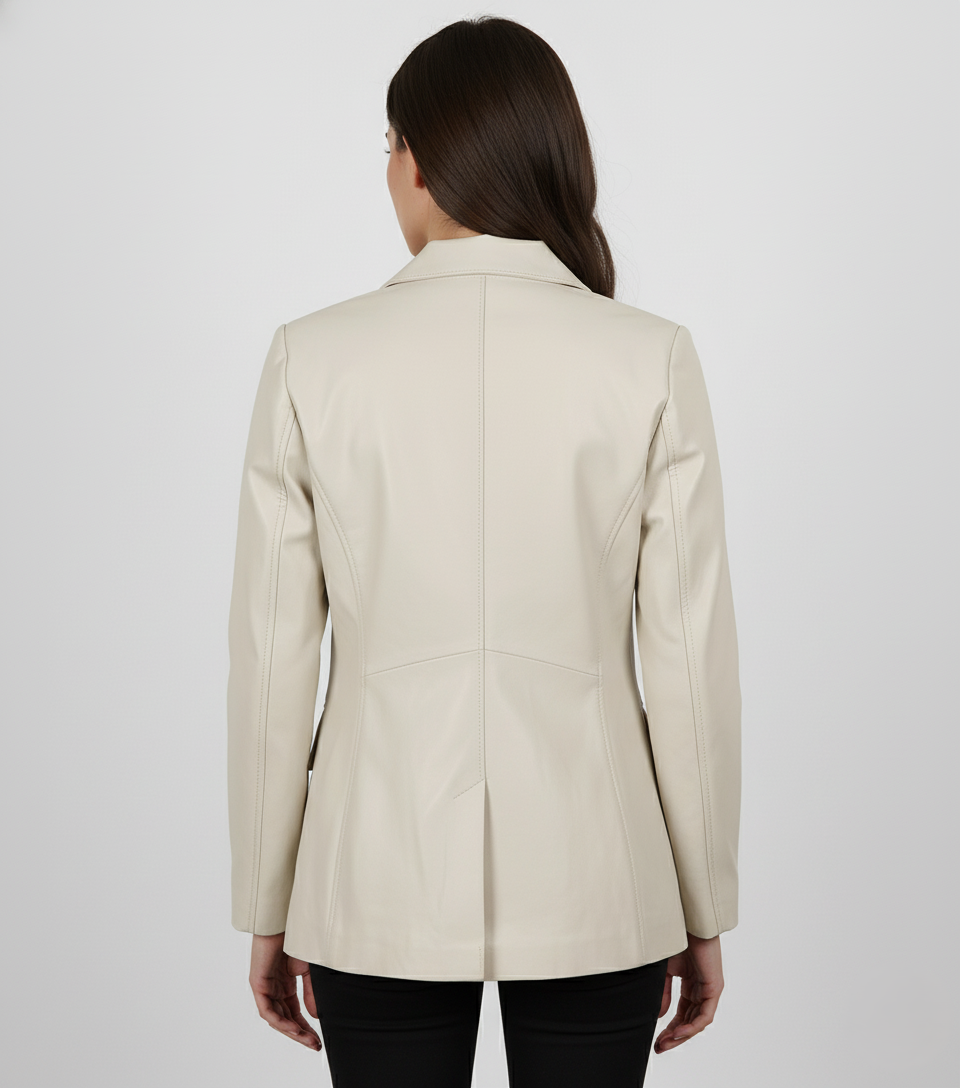 Womens Off White Leather Blazer - Back View